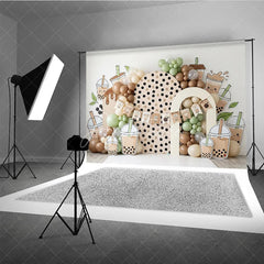 Aperturee - Aperturee Cute Boba Tea Theme Photography Backdrop with Polka Dot Arch and Pastel Balloons Sweet Birthday Party Decor