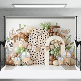 Aperturee - Aperturee Cute Boba Tea Theme Photography Backdrop with Polka Dot Arch and Pastel Balloons Sweet Birthday Party Decor