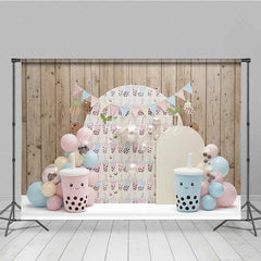 Aperturee - Aperturee Cute Bubble Tea Backdrop Pastel Boba Milk Tea Cup Photography Background Kawaii Girls Birthday Party Decoration