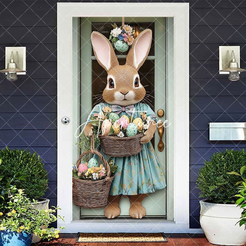 Aperturee - Aperturee Cute Bunny Floral Eggs Basket Easter Door Cover