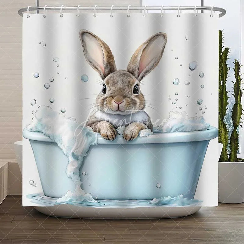 Aperturee - Aperturee Cute Bunny Shower Curtain Brown Rabbit in Bathtub Bubble Bathroom Decoration Farmhouse Animal Pet Bath Set