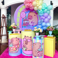 Aperturee - Aperturee Cute Capybara Birthday Party Round Backdrop Kit Pastel Rainbow and Cake Kawaii Animal Theme for Kids Decor