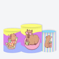 Aperturee - Aperturee Cute Capybara Birthday Party Round Backdrop Kit Pastel Rainbow and Cake Kawaii Animal Theme for Kids Decor