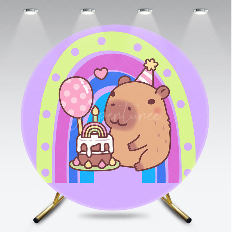Aperturee - Aperturee Cute Capybara Birthday Party Round Backdrop Kit Pastel Rainbow and Cake Kawaii Animal Theme for Kids Decor