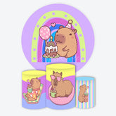 Aperturee - Aperturee Cute Capybara Birthday Party Round Backdrop Kit Pastel Rainbow and Cake Kawaii Animal Theme for Kids Decor