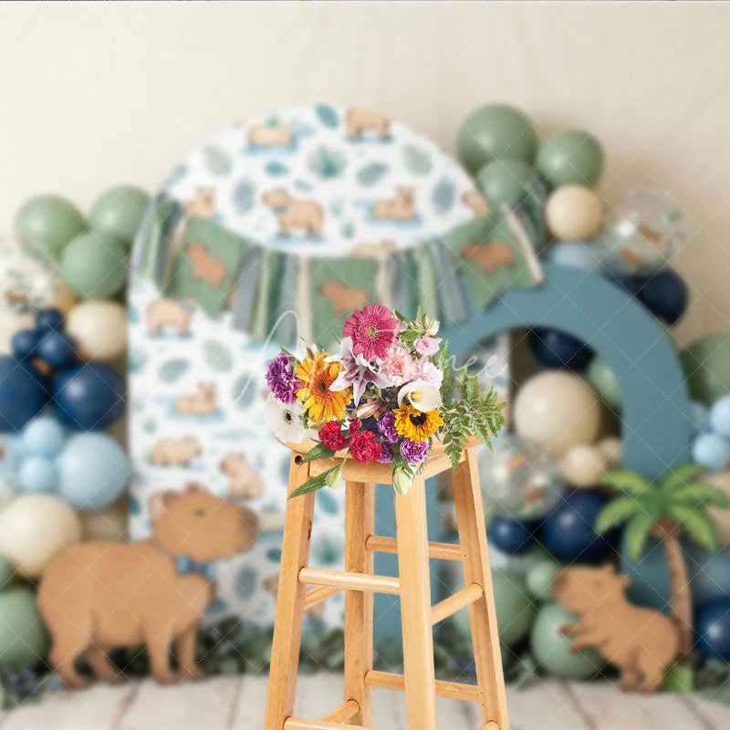 Aperturee - Aperturee Cute Capybara Photography Backdrop with Tropical Leaves and Jungle Animals perfect for Kids Birthday Party Decor