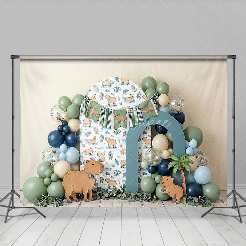 Aperturee - Aperturee Cute Capybara Photography Backdrop with Tropical Leaves and Jungle Animals perfect for Kids Birthday Party Decor