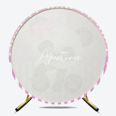 Aperturee - Aperturee Cute Cartoon Baby Panda with Pink Bow and Bamboo Round Backdrop Pink Polka Dot and Striped for Baby Shower