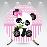 Aperturee - Aperturee Cute Cartoon Baby Panda with Pink Bow and Bamboo Round Backdrop Pink Polka Dot and Striped for Baby Shower
