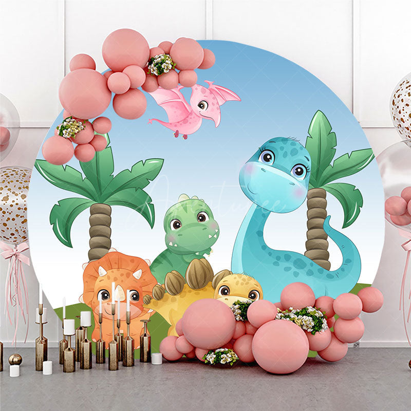 Aperturee Aperturee Cute Cartoon Dinosaurs Round Backdrop for Birthday Boys Prehistoric Jungle Party T Rex and Palm Tree Photo Prop
