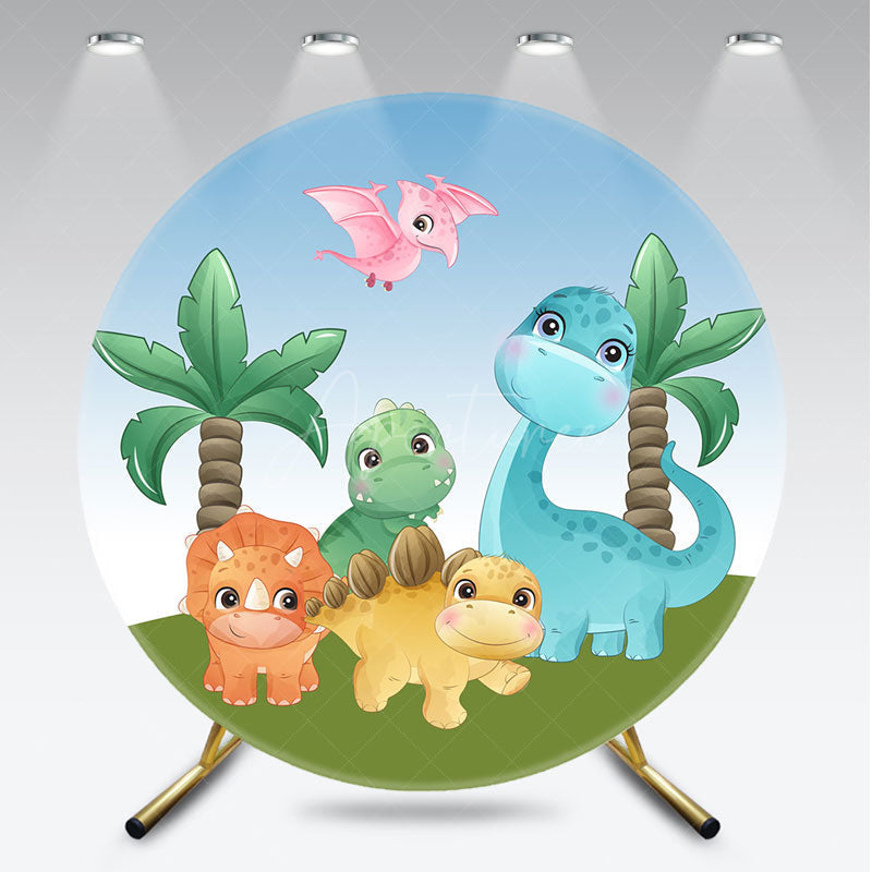 Aperturee Aperturee Cute Cartoon Dinosaurs Round Backdrop for Birthday Boys Prehistoric Jungle Party T Rex and Palm Tree Photo Prop