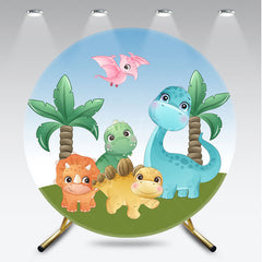 Aperturee Aperturee Cute Cartoon Dinosaurs Round Backdrop for Birthday Boys Prehistoric Jungle Party T Rex and Palm Tree Photo Prop