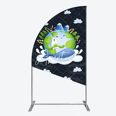 Aperturee - Aperturee Cute Cartoon Earth Polar Bear and Whale Half Moon Arch Backdrop Night Sky Stars Clouds Kids Party Decor.