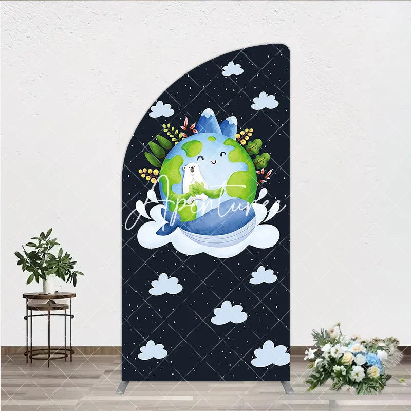 Aperturee - Aperturee Cute Cartoon Earth Polar Bear and Whale Half Moon Arch Backdrop Night Sky Stars Clouds Kids Party Decor.
