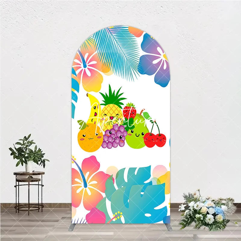 Aperturee - Aperturee Cute Cartoon Fruit and Tropical Leaves Hibiscus Flower Round Top Arch Backdrop Summer Birthday Party Decor