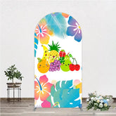 Aperturee - Aperturee Cute Cartoon Fruit and Tropical Leaves Hibiscus Flower Round Top Arch Backdrop Summer Birthday Party Decor