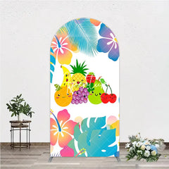 Aperturee - Aperturee Cute Cartoon Fruit and Tropical Leaves Hibiscus Flower Round Top Arch Backdrop Summer Birthday Party Decor