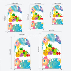 Aperturee - Aperturee Cute Cartoon Fruit and Tropical Leaves Hibiscus Flower Round Top Arch Backdrop Summer Birthday Party Decor