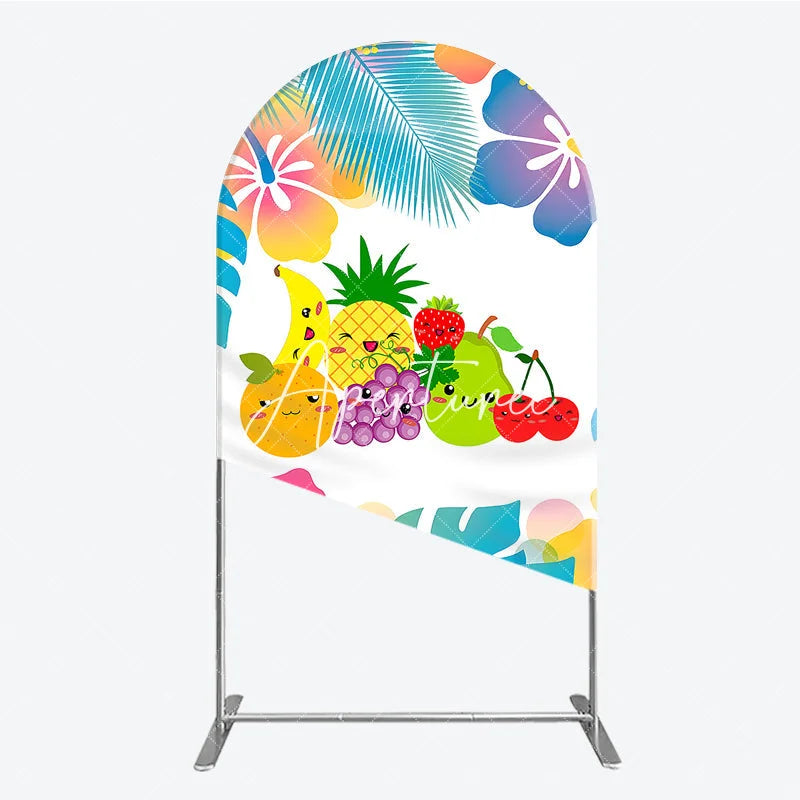Aperturee - Aperturee Cute Cartoon Fruit and Tropical Leaves Hibiscus Flower Round Top Arch Backdrop Summer Birthday Party Decor