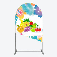 Aperturee - Aperturee Cute Cartoon Fruit and Tropical Leaves Hibiscus Flower Round Top Arch Backdrop Summer Birthday Party Decor