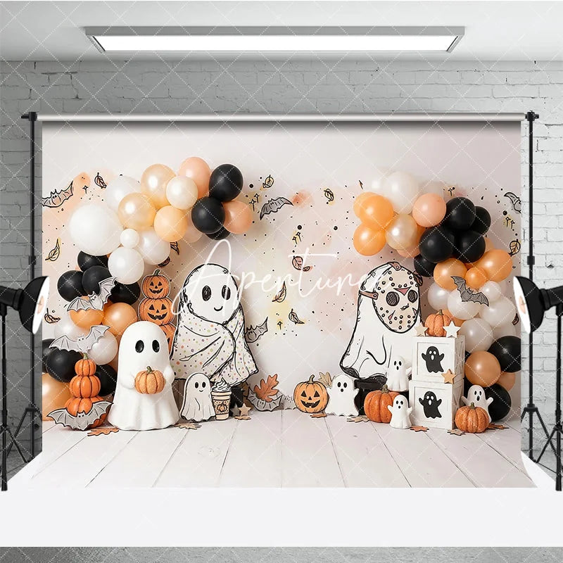 Aperturee - Aperturee Cute Cartoon Ghosts and Pumpkins Halloween Photography Backdrop with Balloons Autumn Leaves Party Decor