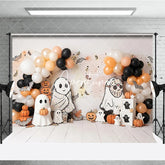 Aperturee - Aperturee Cute Cartoon Ghosts and Pumpkins Halloween Photography Backdrop with Balloons Autumn Leaves Party Decor