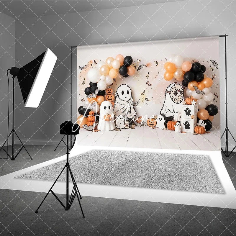 Aperturee - Aperturee Cute Cartoon Ghosts and Pumpkins Halloween Photography Backdrop with Balloons Autumn Leaves Party Decor