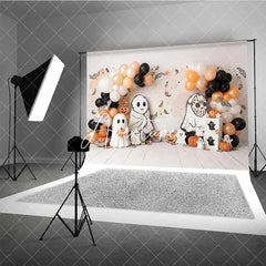 Aperturee - Aperturee Cute Cartoon Ghosts and Pumpkins Halloween Photography Backdrop with Balloons Autumn Leaves Party Decor
