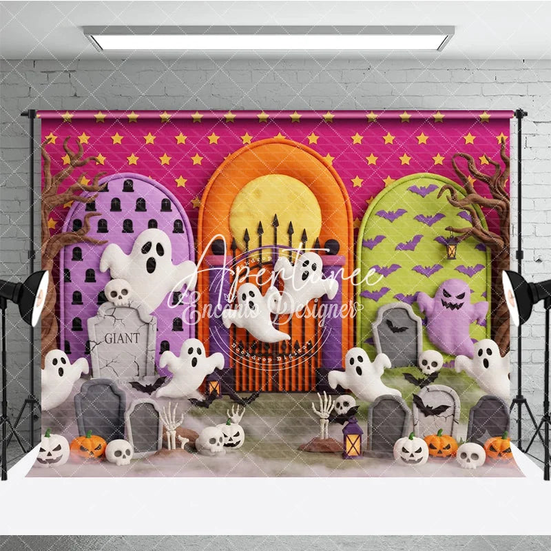 Aperturee - Aperturee Cute Cartoon Ghosts and Pumpkins Halloween Photography Backdrop with Spooky Gravestones and Bats Pink Starry