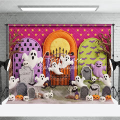 Aperturee - Aperturee Cute Cartoon Ghosts and Pumpkins Halloween Photography Backdrop with Spooky Gravestones and Bats Pink Starry