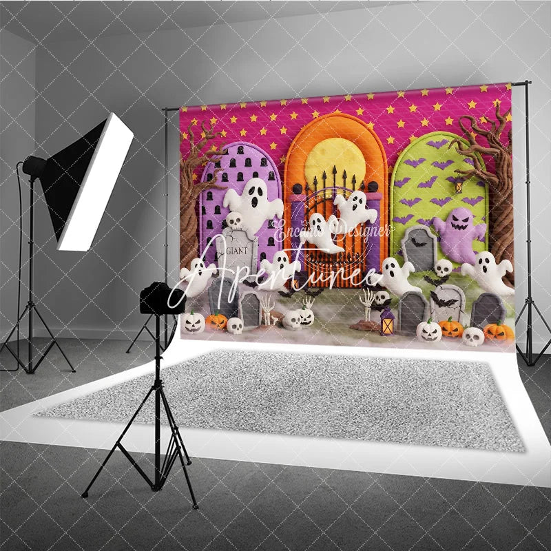 Aperturee - Aperturee Cute Cartoon Ghosts and Pumpkins Halloween Photography Backdrop with Spooky Gravestones and Bats Pink Starry