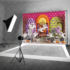 Aperturee - Aperturee Cute Cartoon Ghosts and Pumpkins Halloween Photography Backdrop with Spooky Gravestones and Bats Pink Starry