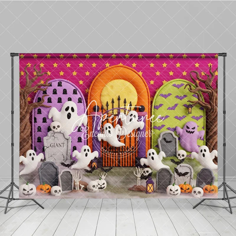 Aperturee - Aperturee Cute Cartoon Ghosts and Pumpkins Halloween Photography Backdrop with Spooky Gravestones and Bats Pink Starry