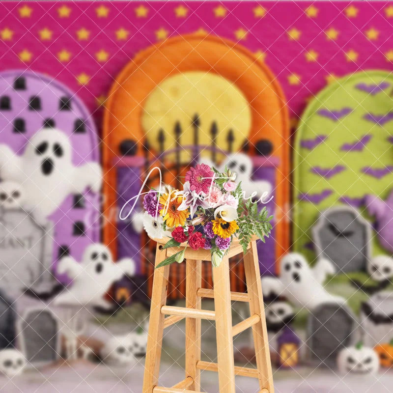 Aperturee - Aperturee Cute Cartoon Ghosts and Pumpkins Halloween Photography Backdrop with Spooky Gravestones and Bats Pink Starry