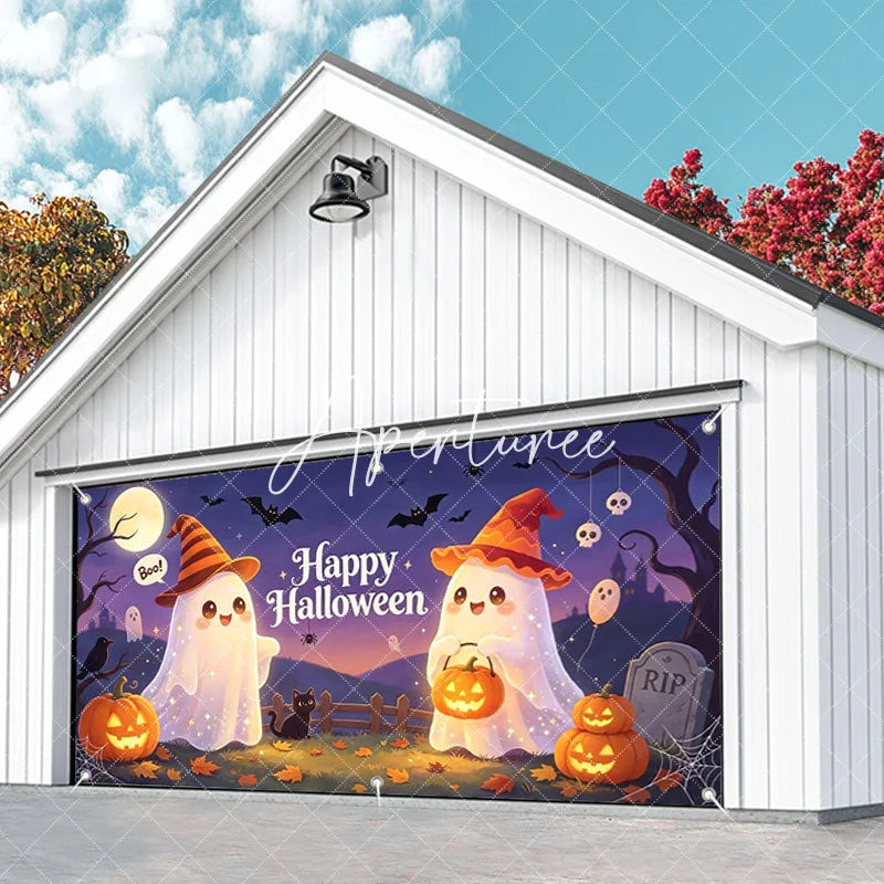 Aperturee - Aperturee Cute Cartoon Ghosts with Witch Hats and Jack-O-Lanterns Happy Halloween Garage Door Banner Spooky Party Decor