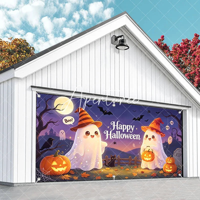 Aperturee - Aperturee Cute Cartoon Ghosts with Witch Hats and Jack-O-Lanterns Happy Halloween Garage Door Banner Spooky Party Decor