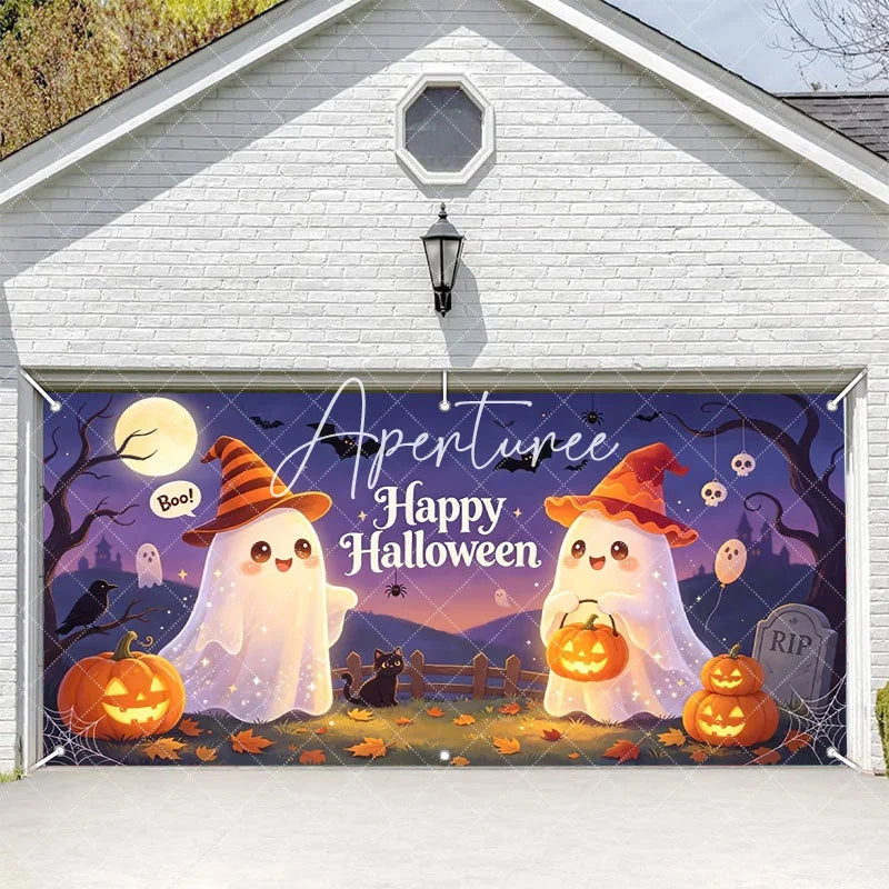 Aperturee - Aperturee Cute Cartoon Ghosts with Witch Hats and Jack-O-Lanterns Happy Halloween Garage Door Banner Spooky Party Decor