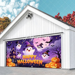 Aperturee - Aperturee Cute Cartoon Ghosts with Witch Hats and Pumpkins Happy Halloween Garage Door Banner Spooky Castle Party Decor