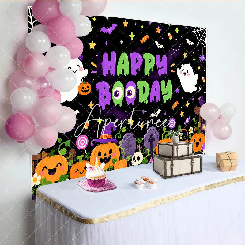 Aperturee - Aperturee Cute Cartoon Halloween Ghosts and Pumpkins Birthday Backdrop Happy Booday Spooky Fun Party Decor with Bats and Stars