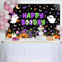 Aperturee - Aperturee Cute Cartoon Halloween Ghosts and Pumpkins Birthday Backdrop Happy Booday Spooky Fun Party Decor with Bats and Stars