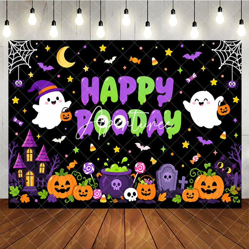 Aperturee - Aperturee Cute Cartoon Halloween Happy Booday Birthday Backdrop with Ghosts Pumpkins and Haunted House for Spooky Party Decor