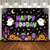 Aperturee - Aperturee Cute Cartoon Halloween Happy Booday Birthday Backdrop with Ghosts Pumpkins and Haunted House for Spooky Party Decor