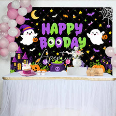 Aperturee - Aperturee Cute Cartoon Halloween Happy Booday Birthday Backdrop with Ghosts Pumpkins and Haunted House for Spooky Party Decor