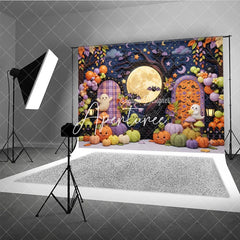 Aperturee - Aperturee Cute Cartoon Halloween Photography Backdrop with Full Moon Bats Ghosts and Pumpkins Autumn Leaves Party Decor