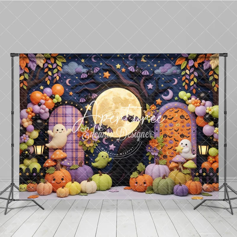 Aperturee - Aperturee Cute Cartoon Halloween Photography Backdrop with Full Moon Bats Ghosts and Pumpkins Autumn Leaves Party Decor