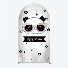 Aperturee - Aperturee Cute Cartoon Panda Happy Birthday Round Top Arch Backdrop with Rainbow Sunglasses Festive Party Decor