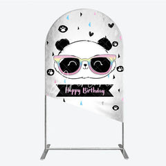 Aperturee - Aperturee Cute Cartoon Panda Happy Birthday Round Top Arch Backdrop with Rainbow Sunglasses Festive Party Decor