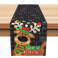 Aperturee - Aperturee Cute Cartoon Reindeer ’Merry Christmas’ Table Runner Black and Red Holiday Dining Table Decor