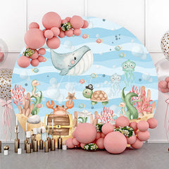 Aperturee - Aperturee Cute Cartoon Sea Animals Round Backdrop Whimsical Underwater Ocean Theme for Kids Birthday Party and Baby Shower Decor