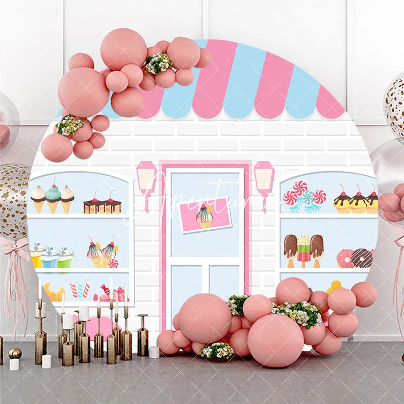 Aperturee - Aperturee Cute Cartoon Sweet Shop Dessert Round Backdrop Pink and Blue Awning Bakery Theme Birthday Party Decor.
